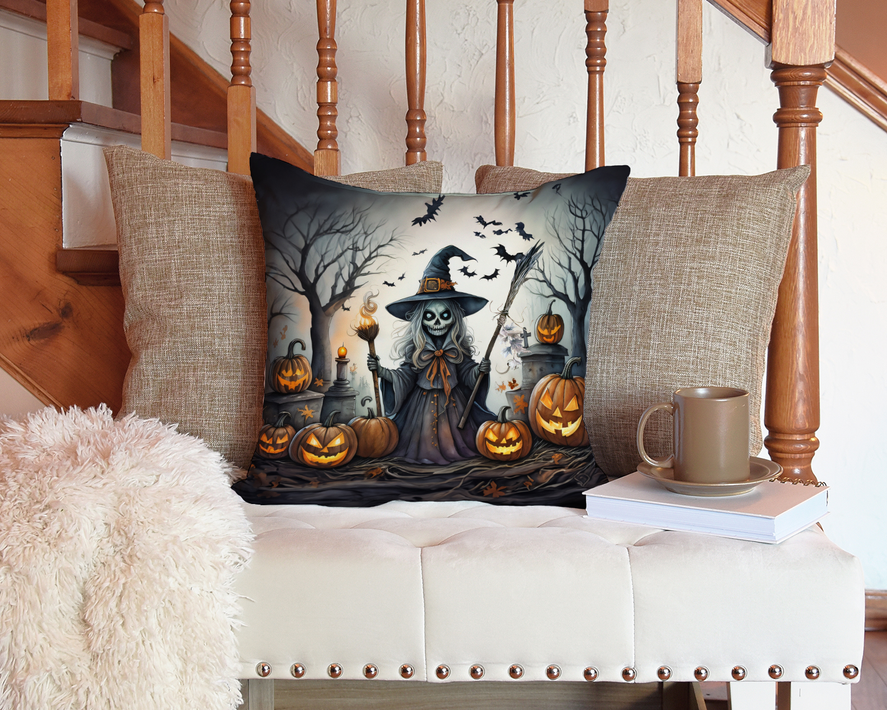 Halloween pillow cover featuring zombie witch in hat, candles, and jack-o’-lanterns