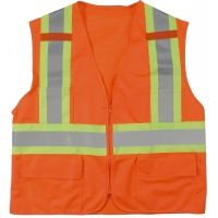 Orange high-visibility polyester safety vest with reflective silver stripes and front zipper