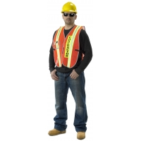 High-visibility orange safety vest with vertical reflective stripes and black sleeves