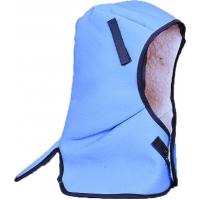 Cotton hard hat cover in light blue twill with black trim and face opening