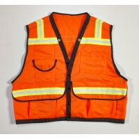 High-visibility orange mesh vest with reflective stripes, sleeveless V-neck