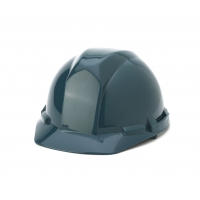 Dark teal hard hat with ratchet-style suspension, wide brim