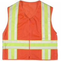 High visibility orange ANSI Class 2 safety vest with lime reflective DOT stripes