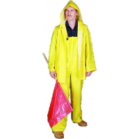 Yellow hooded rainsuit with matching pants, full-length protective jacket and trousers