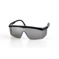 Shield-style sunglasses with black frame and mirrored gray lenses