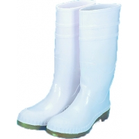 Light blue PVC work boots with sock height, tall pull-on style and green outsole