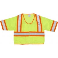 High visibility mesh safety vest with short sleeves, neon yellow and orange reflective stripes