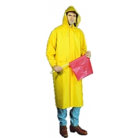 Yellow PVC/polyester raincoat with attached hood, long sleeves, front zipper