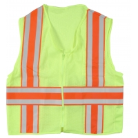High-visibility safety vest, neon lime with orange reflective stripes, sleeveless