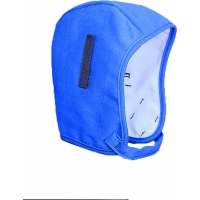 Flame-resistant cotton hard hat cover in bright blue with black label and curved edge