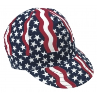 Americana style welder cap with red, white, and blue star-and-flag pattern and brim