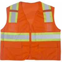 Orange polyester high-visibility safety vest with reflective stripes, ANSI Class 2