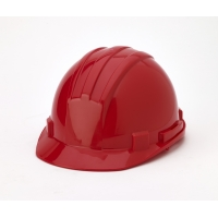 Red safety hard hat with adjustable suspension and chin strap