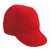Kromer red twill style welder cap with curved brim and stitched panel seams