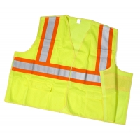 High-visibility ANSI Class 2 mesh tear-away vest, neon yellow with orange reflective stripes