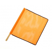 Orange open-mesh safety flag with wooden pole