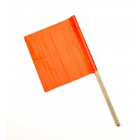 Orange vinyl safety traffic wand with wooden handle and rectangular flag