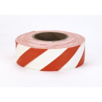 Flagging tape roll with orange and white diagonal stripes