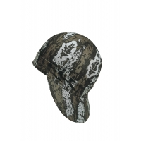 Bark camo welder cap with ear flaps and chin strap, dark green and brown