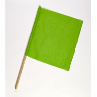 Green traffic warning flag on wooden stick, square fabric panel