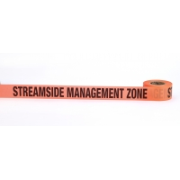 Printed flagging tape, orange roll; 'STREAMSIDE MANAGEMENT ZONE' text on white