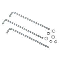 Three L-shaped steel anchor bolts with nuts and washers