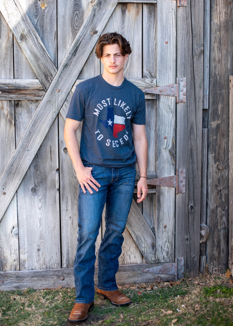Midnight navy crew-neck T-shirt with circular patriotic star-map slogan print