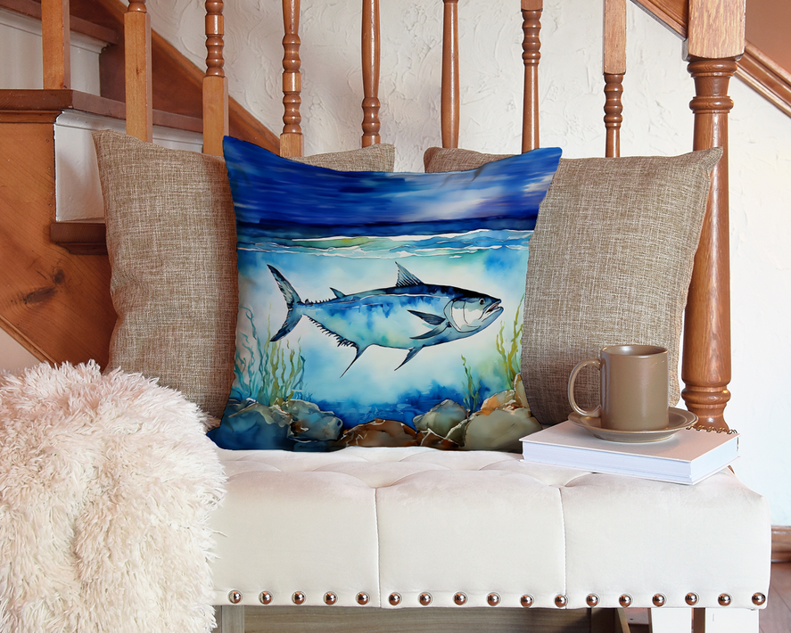 Brown trout pot holder pair pillow with blue ocean trout design on sofa