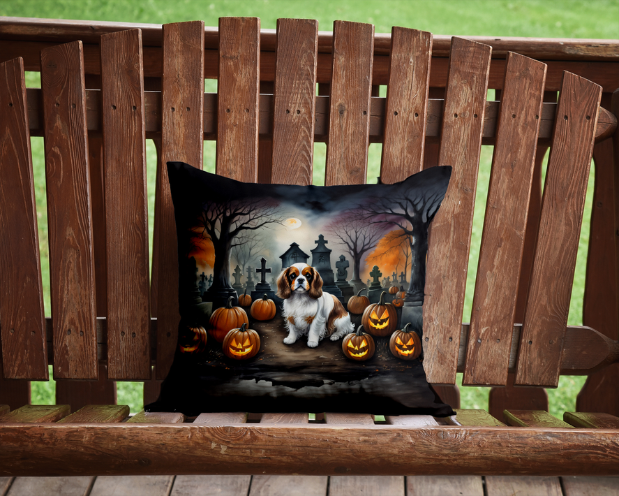 Halloween dachshund graveyard print pot holder resting on wooden bench