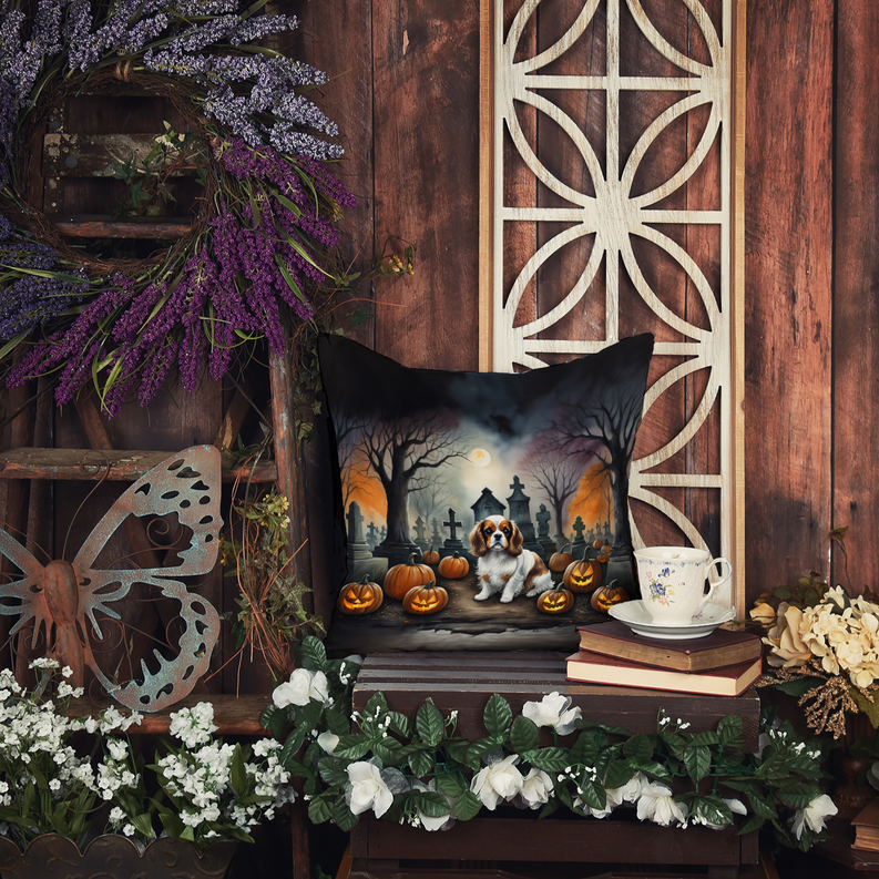 Halloween dachshund graveyard scene fabric cover with black background and orange pumpkins