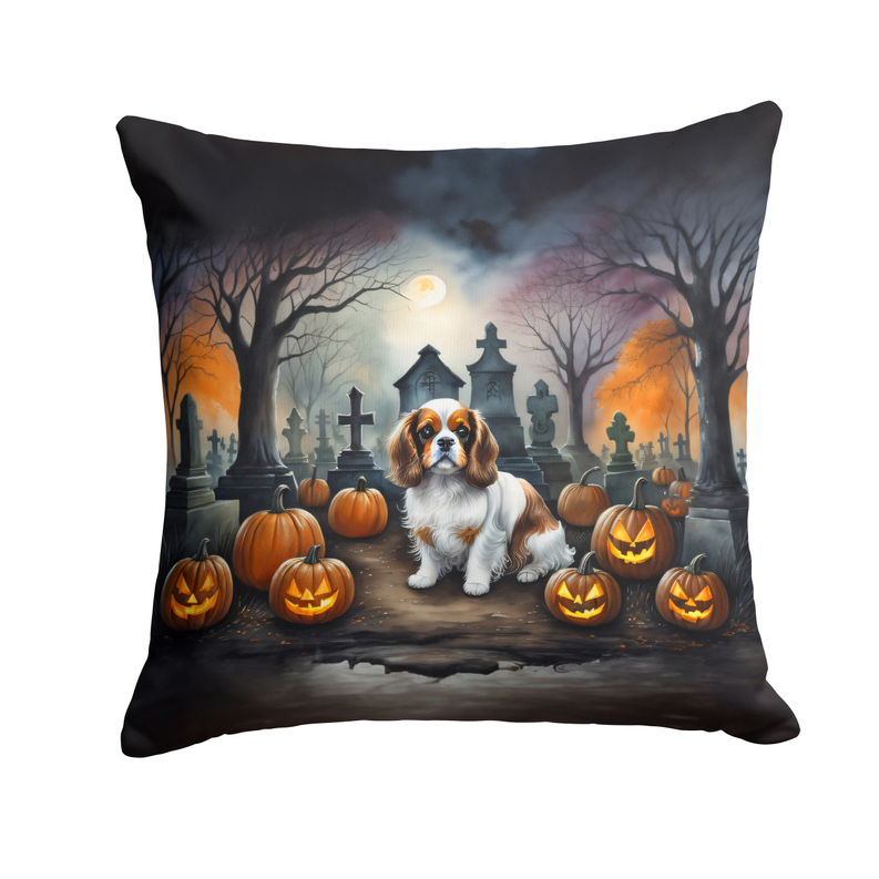 Black square Halloween throw pillow with dachshund, pumpkins, and graveyard lights