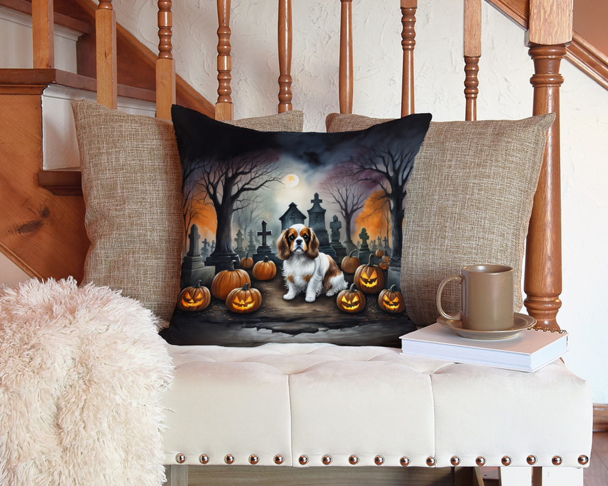 Square Halloween pillow with dachshund, pumpkins, and moonlit cemetery scene