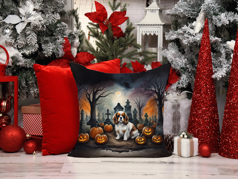 Square Halloween pillow featuring a dachshund among pumpkins in a spooky cemetery