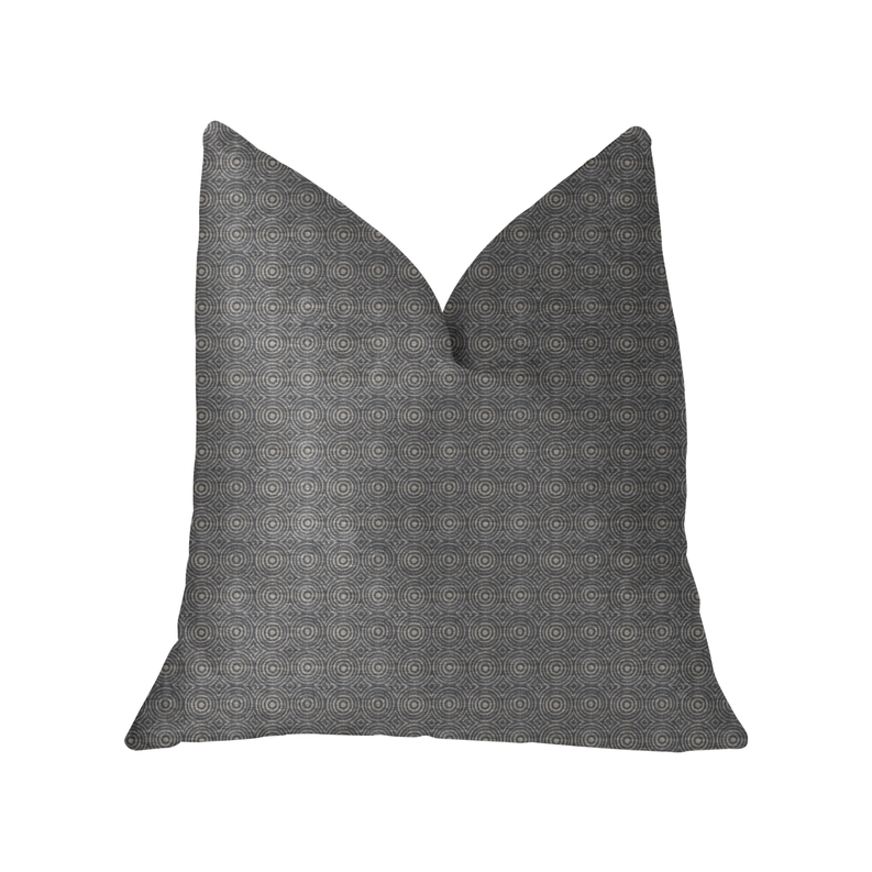 Gray concentric circle throw pillow with repeating ring and dot pattern