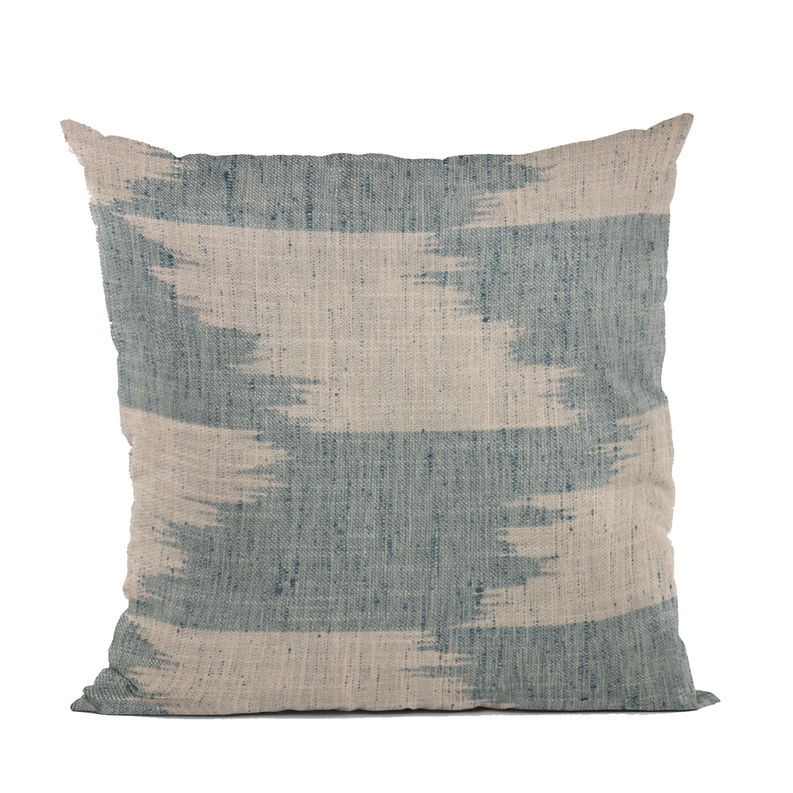 Blue and beige abstract square throw pillow cover, straight-on front view