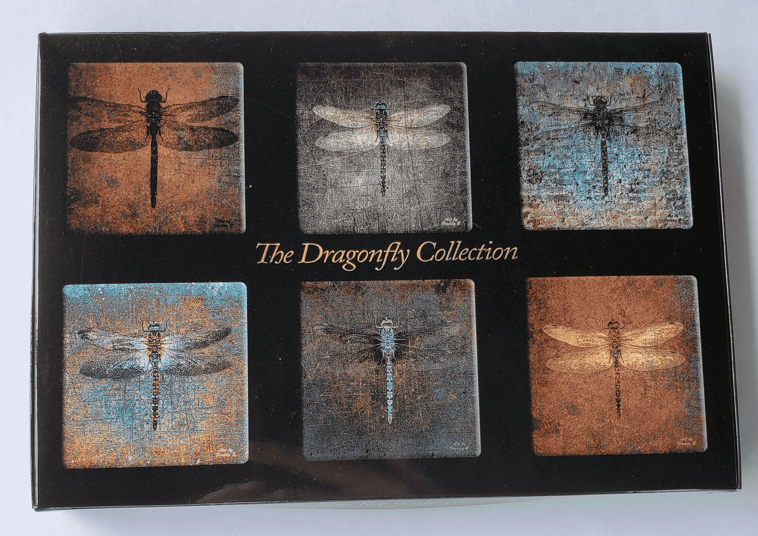 Six-square acrylic glass magnet set arranged in a display box with dragonfly art