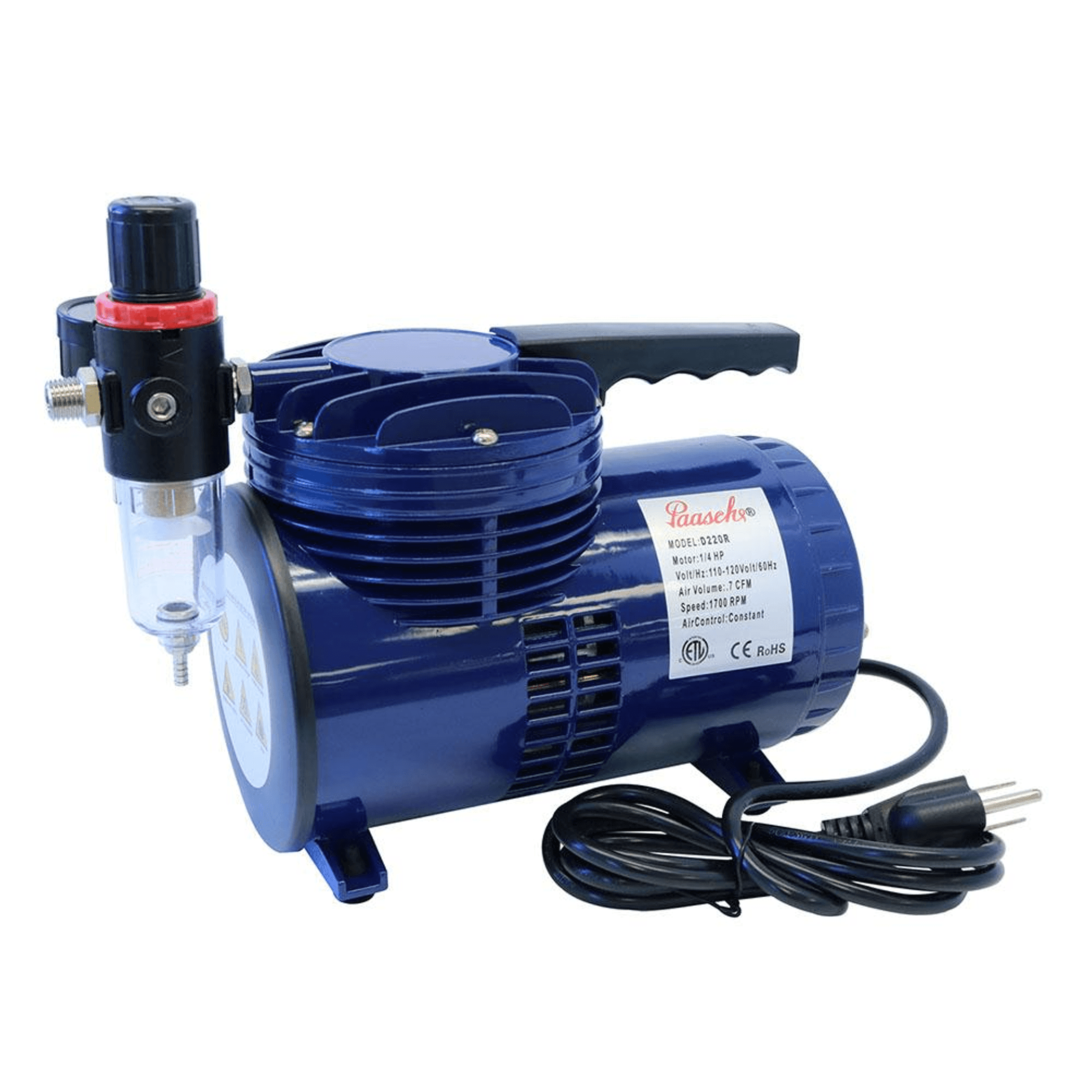 Blue airbrush compressor with regulator, pressure gauge, and power cord