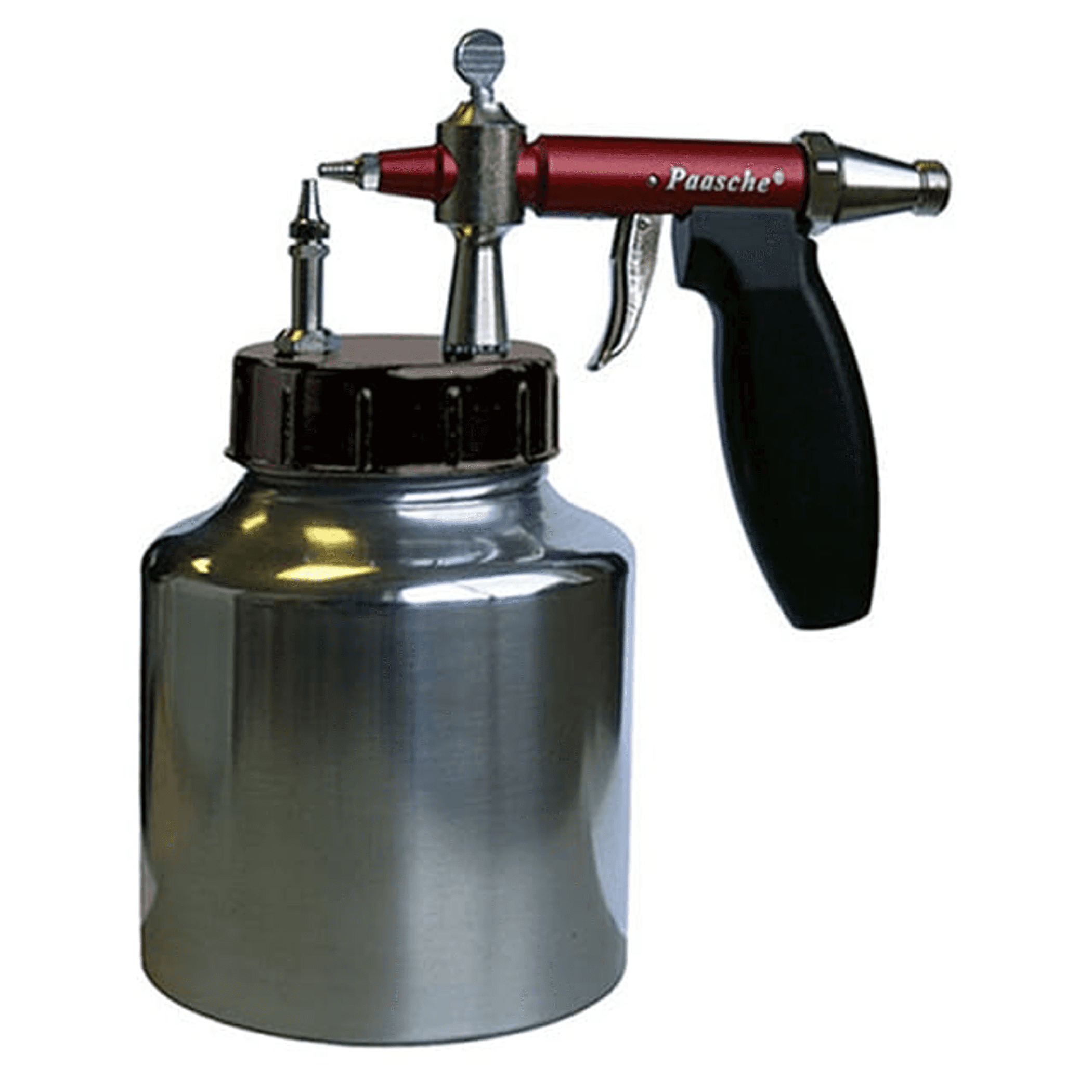 Paasche L spray gun with red and black handle, mounted on metal pump tank