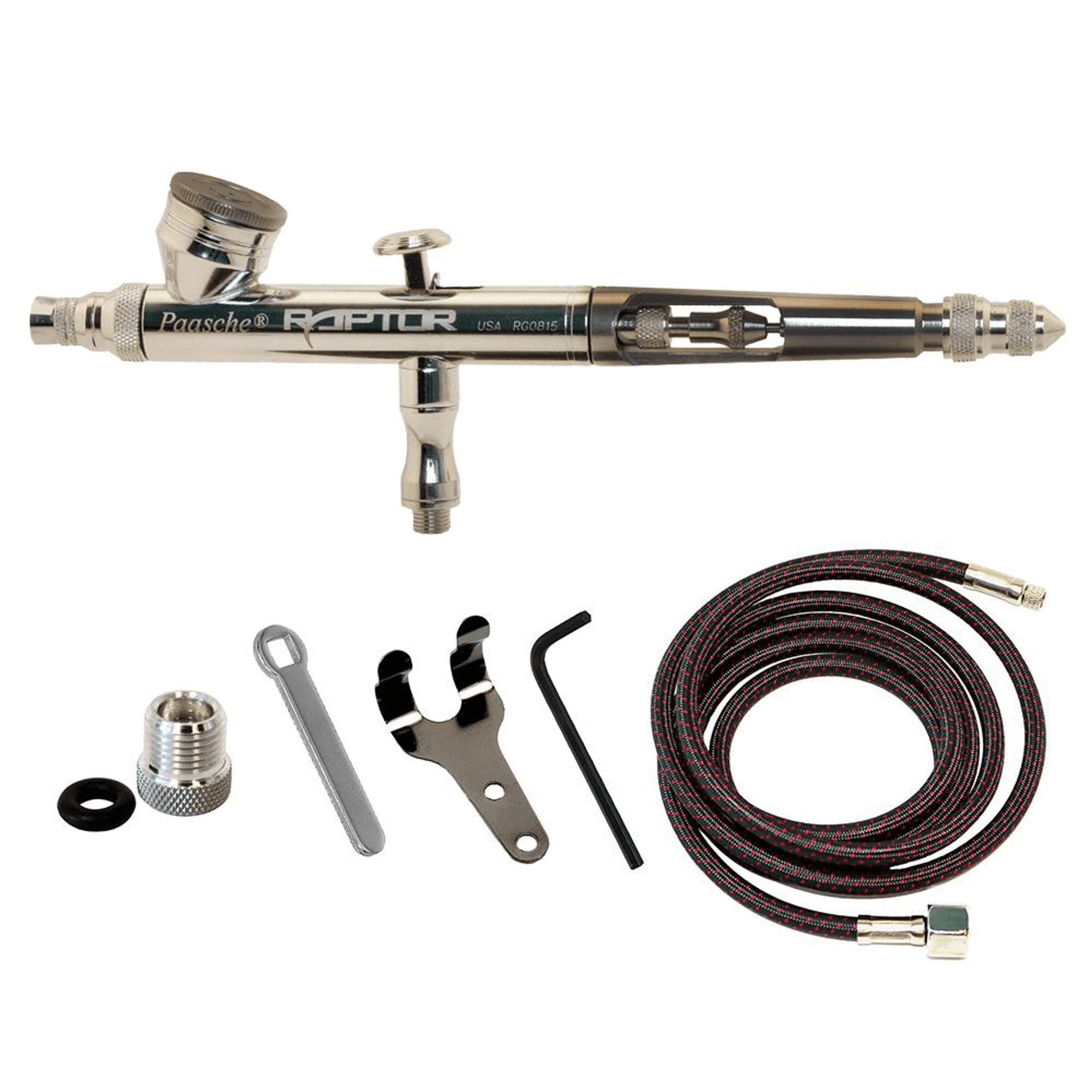 Airbrush spray gun kit with braided hose, fittings, wrench tools and spare nozzle