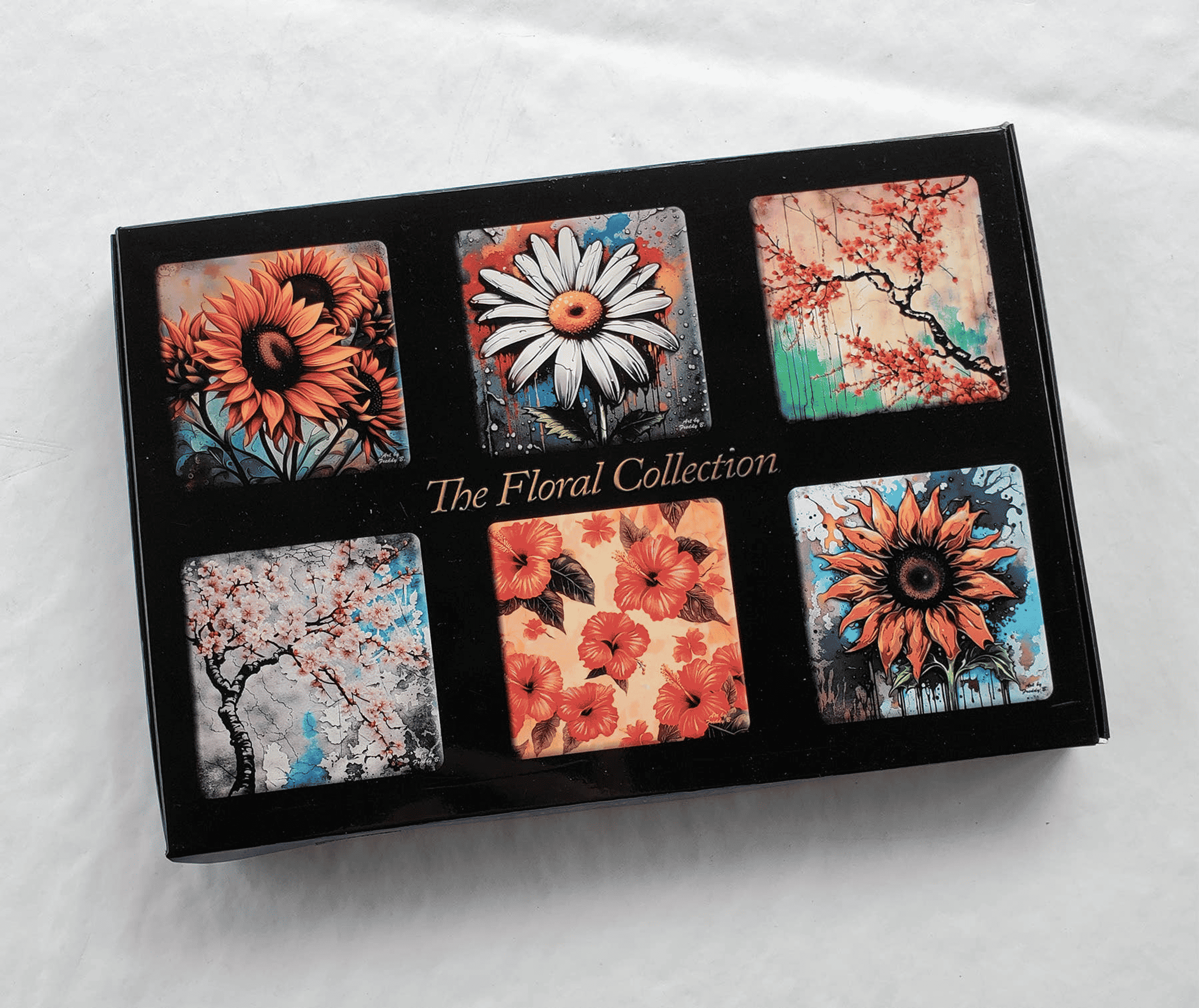 Set of 6 square acrylic glass magnets in floral designs, in gift box