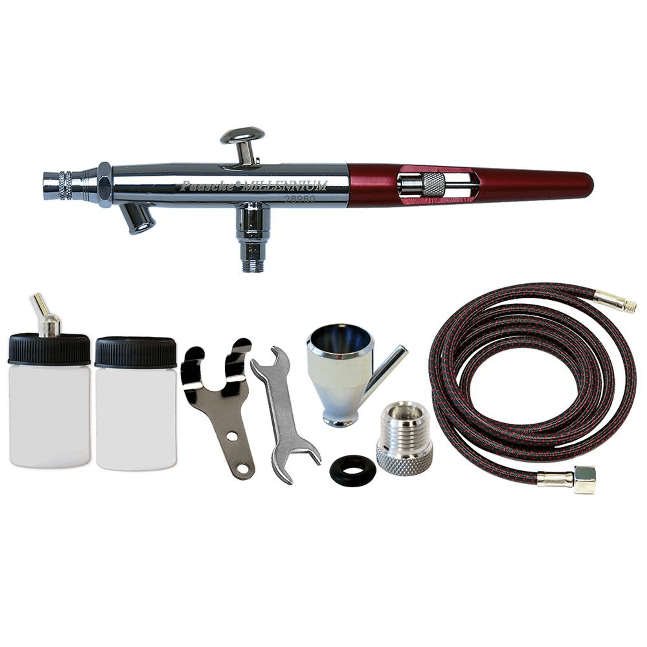 Airbrush kit with red airbrush, cups, fittings, wrench, and coiled hose