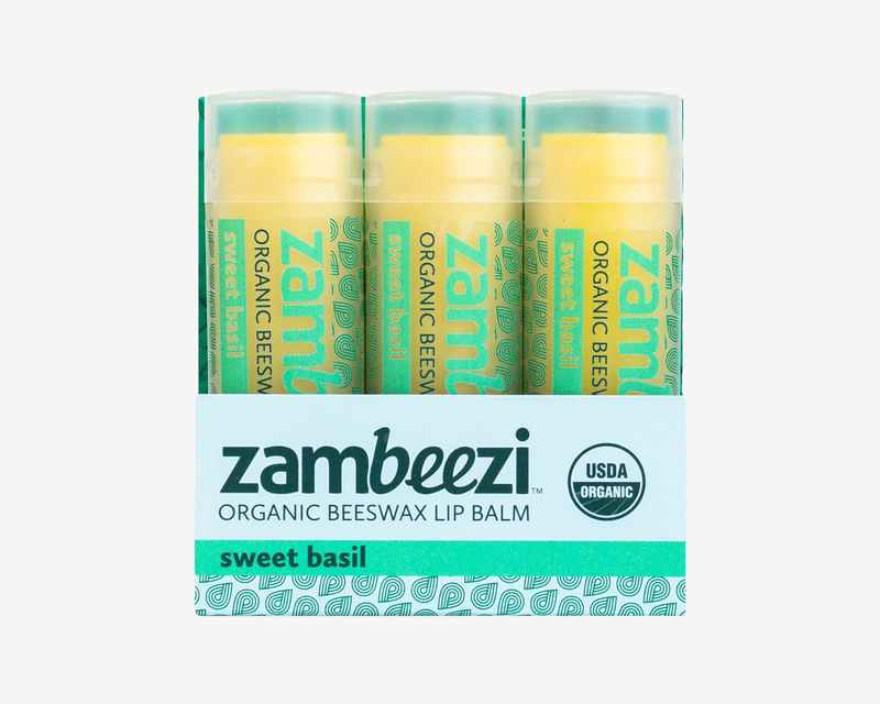Sweet basil organic beeswax lip balm 3-pack in a clear tray