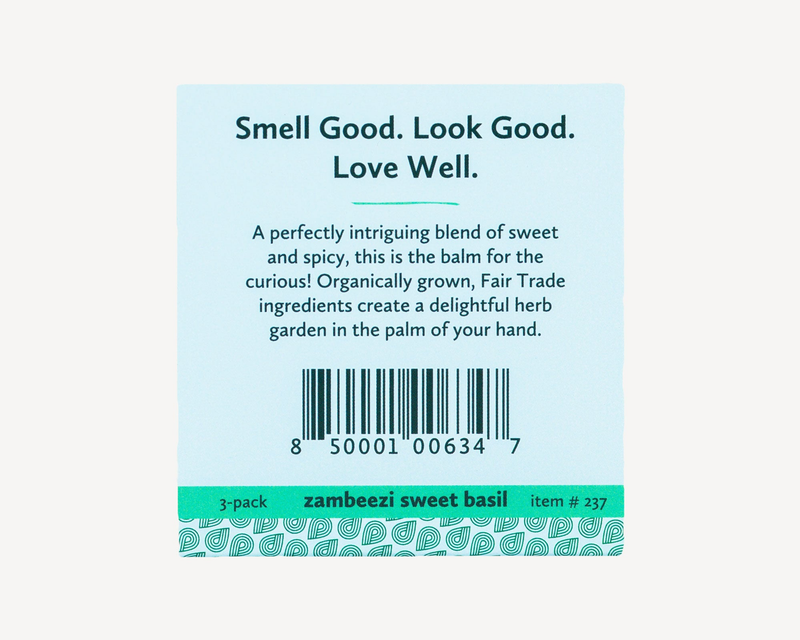 Sweet basil lip balm 3-pack box back with barcode and description