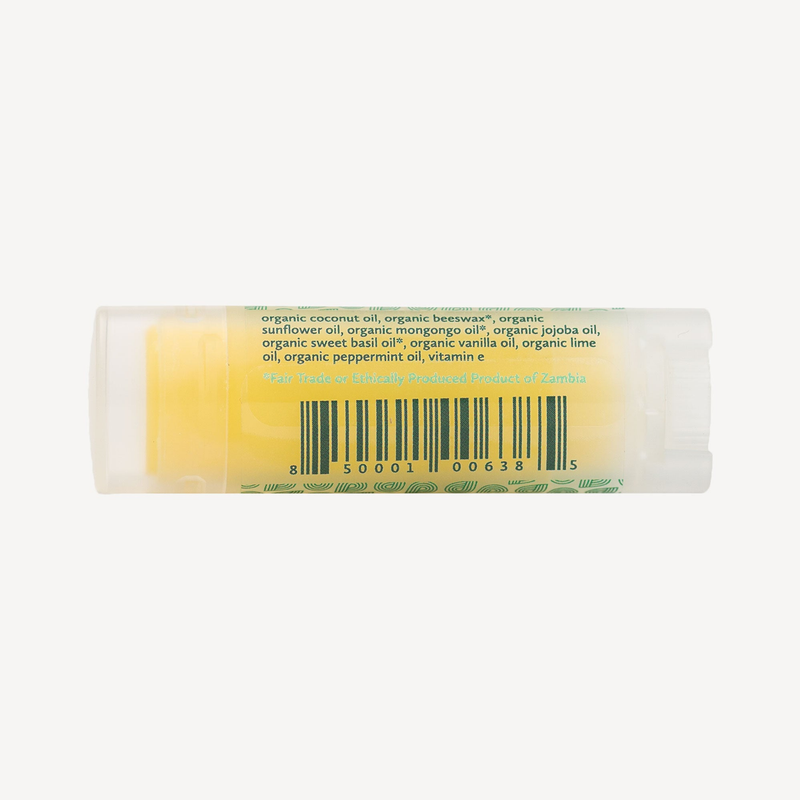 zambeezI organic beeswax lip balm tube back with barcode and ingredients