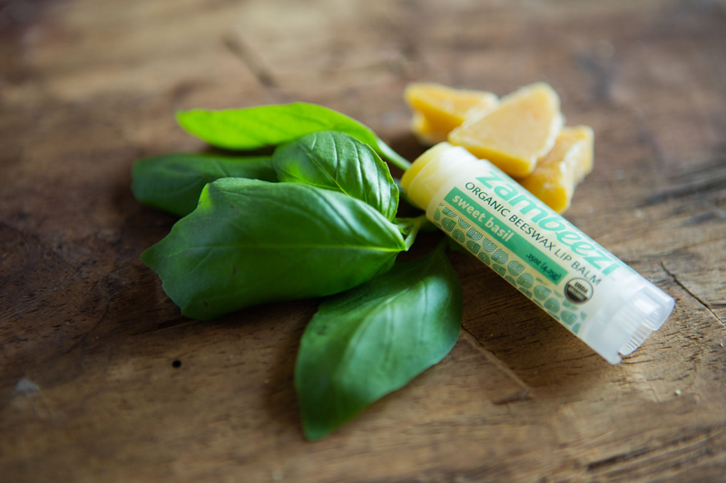 Sweet basil lip balm tube with green basil leaves