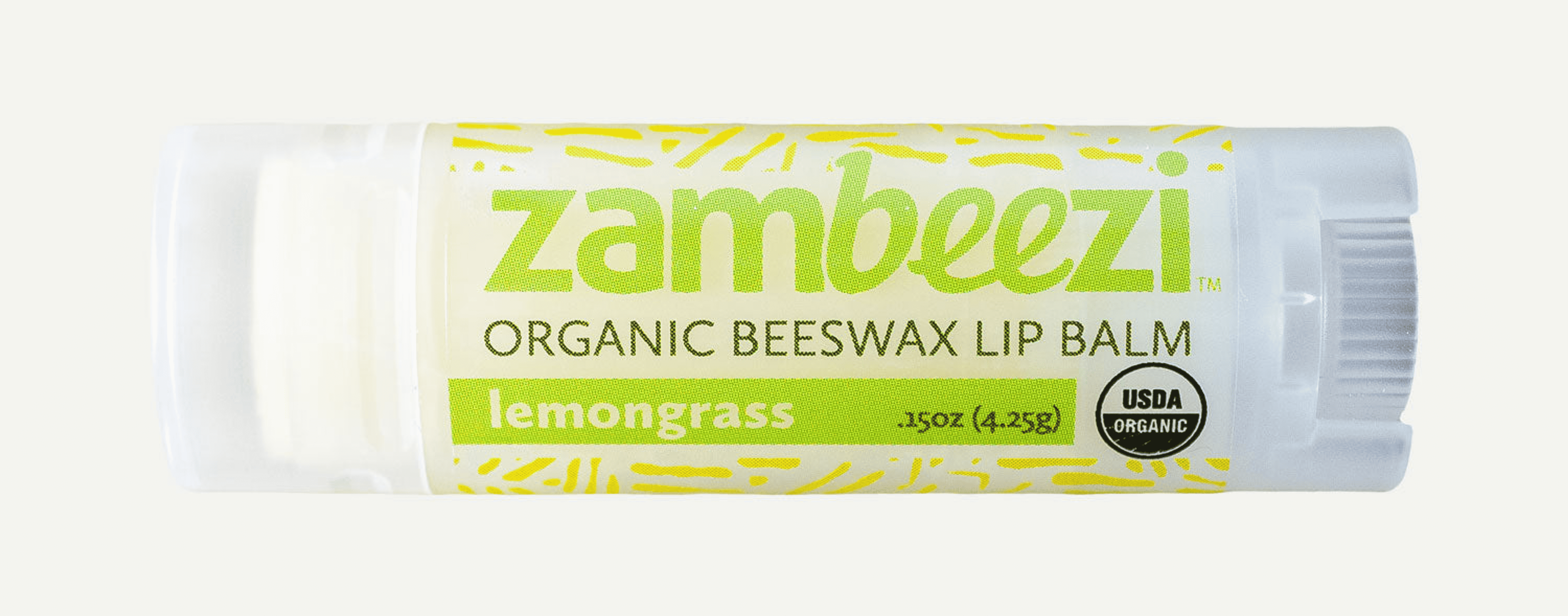 Zambezi lemongrass organic beeswax lip balm tube with yellow label
