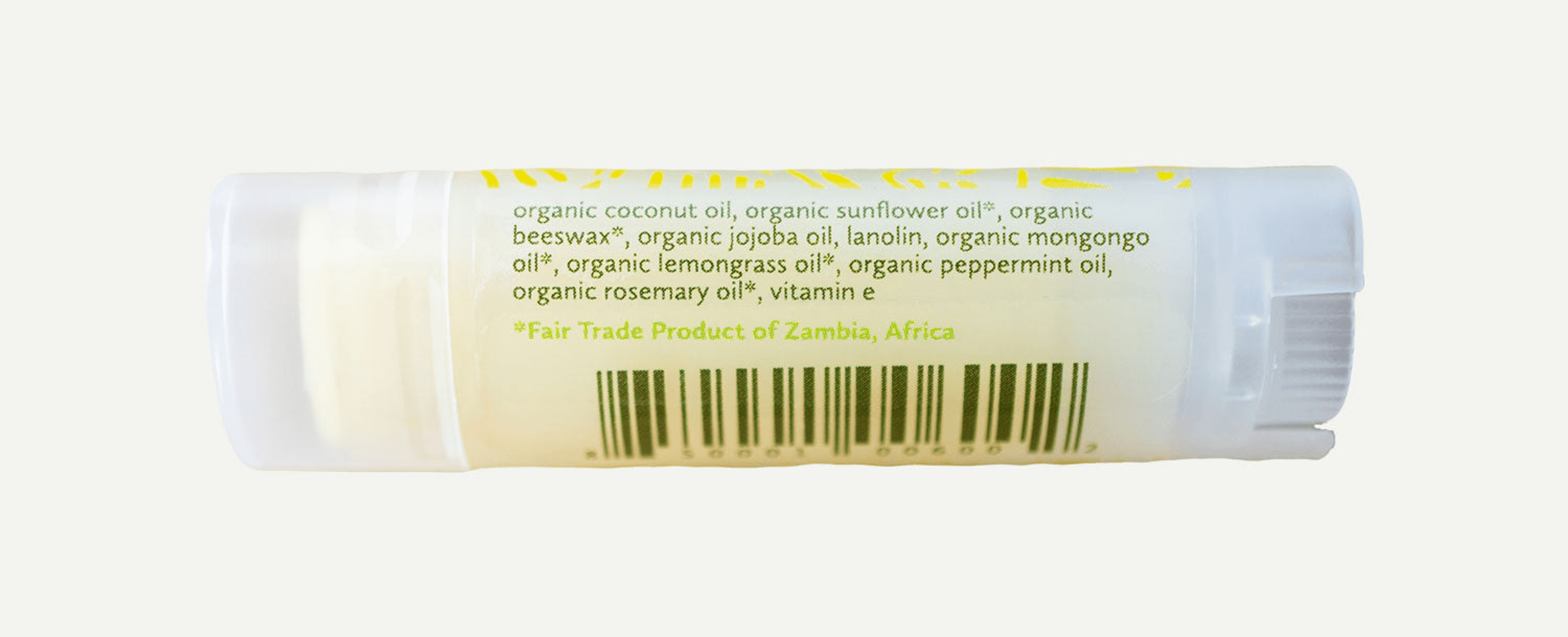 Zambezi lemongrass organic beeswax lip balm tube back with barcode