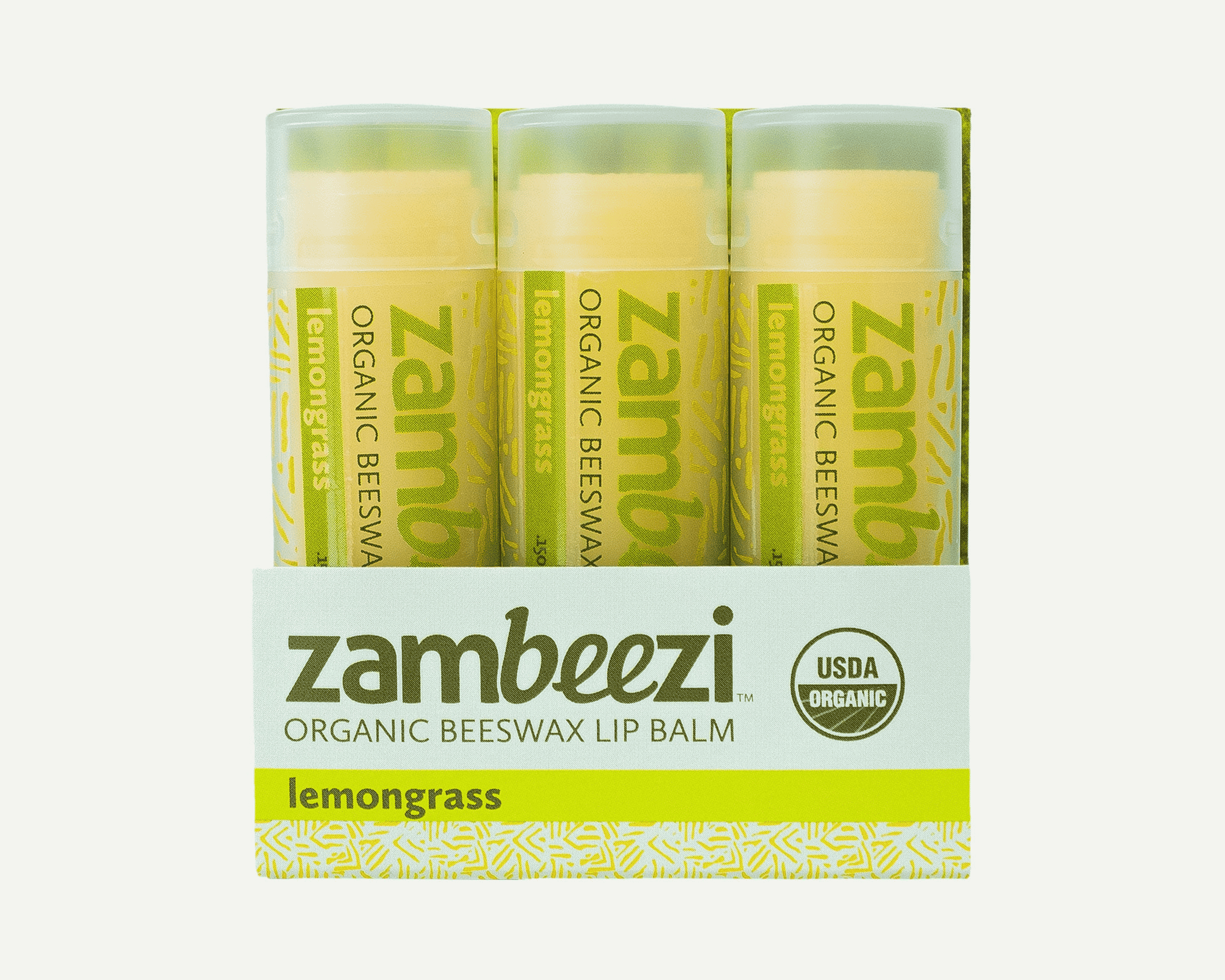 Zambezi lemongrass organic beeswax lip balm 3-pack in a cardboard tray