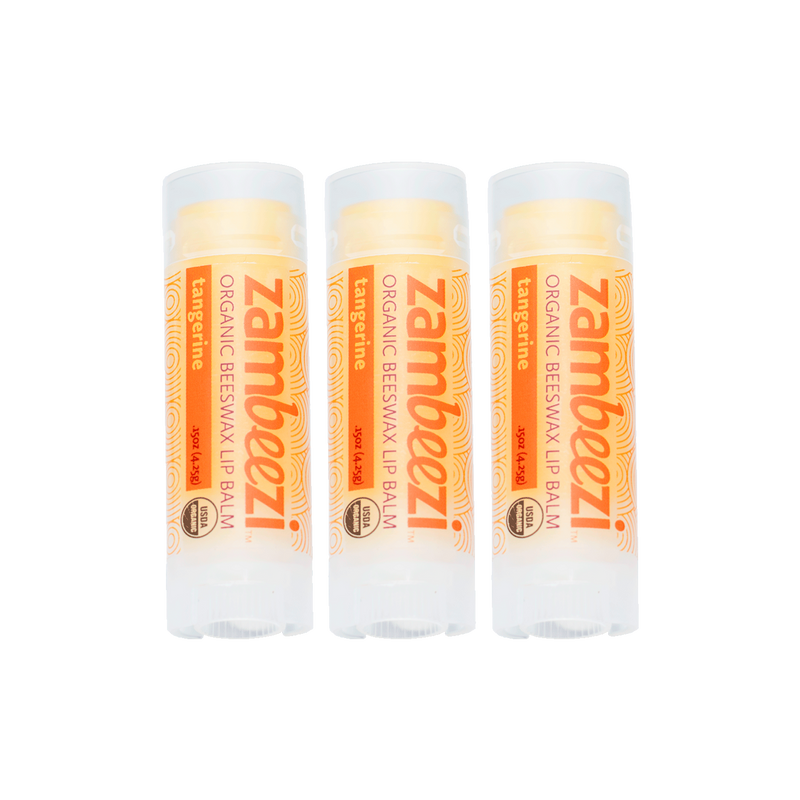 3-pack tangerine organic beeswax lip balm tubes with clear caps