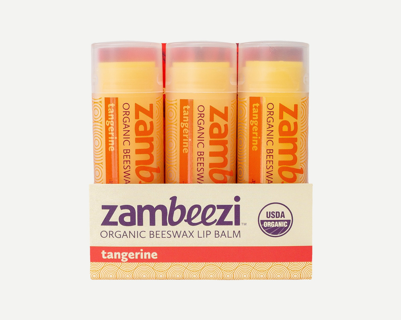 zambezi organic beeswax lip balm 3-pack box with three tangerine tubes